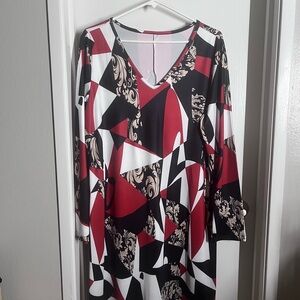 Geometric Patterned V-Neck Dress - Red, Black, White